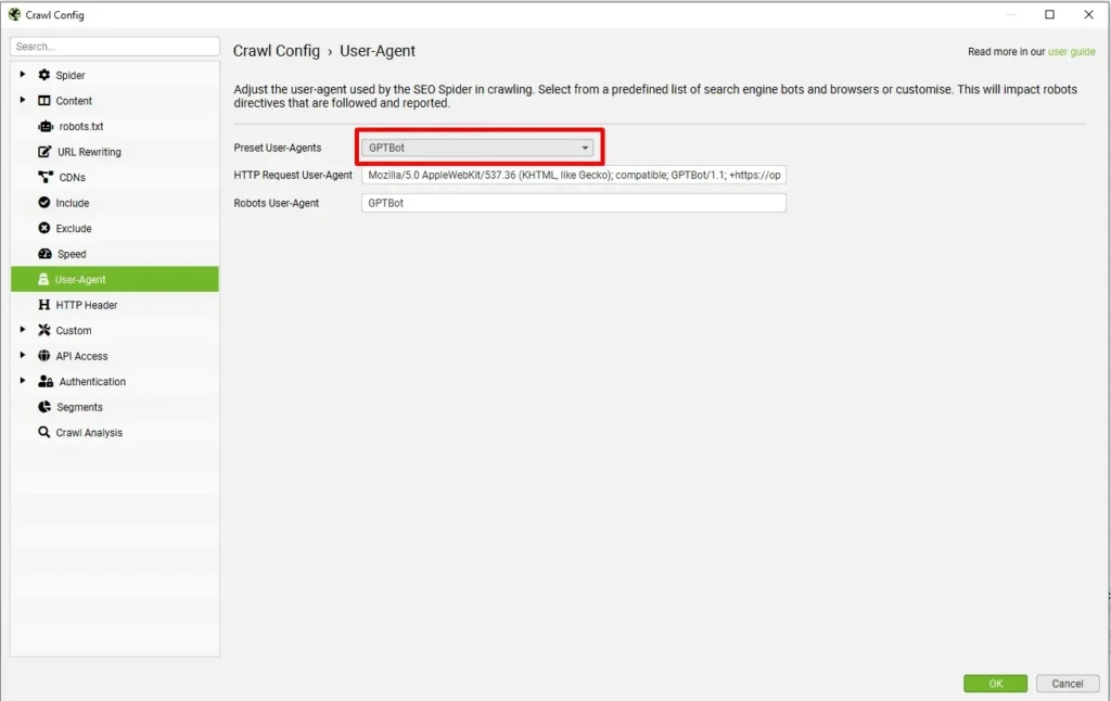 configuration user agent: GPTBot in ScreamingFrog