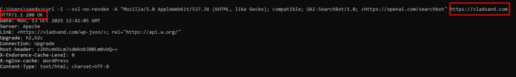 OAI-SearchBot has a 200 Status in curl