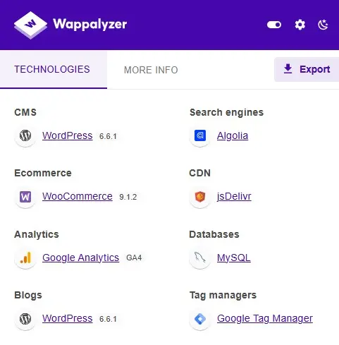 Wappalyzer extension - example technologies for a website